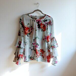 PRETTY ruffled long sleeve blouse layered flowers MADE CANADA NEARLY NEW SZ XL
